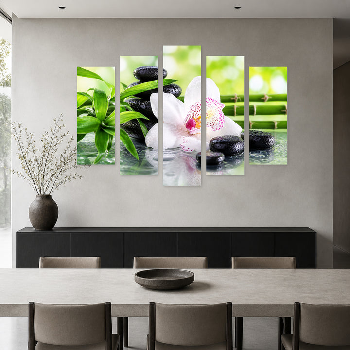 Orchid and Bamboo with Geometric Rhythm — five-panel wall art in frontal interior | 5wallart 57098 M3