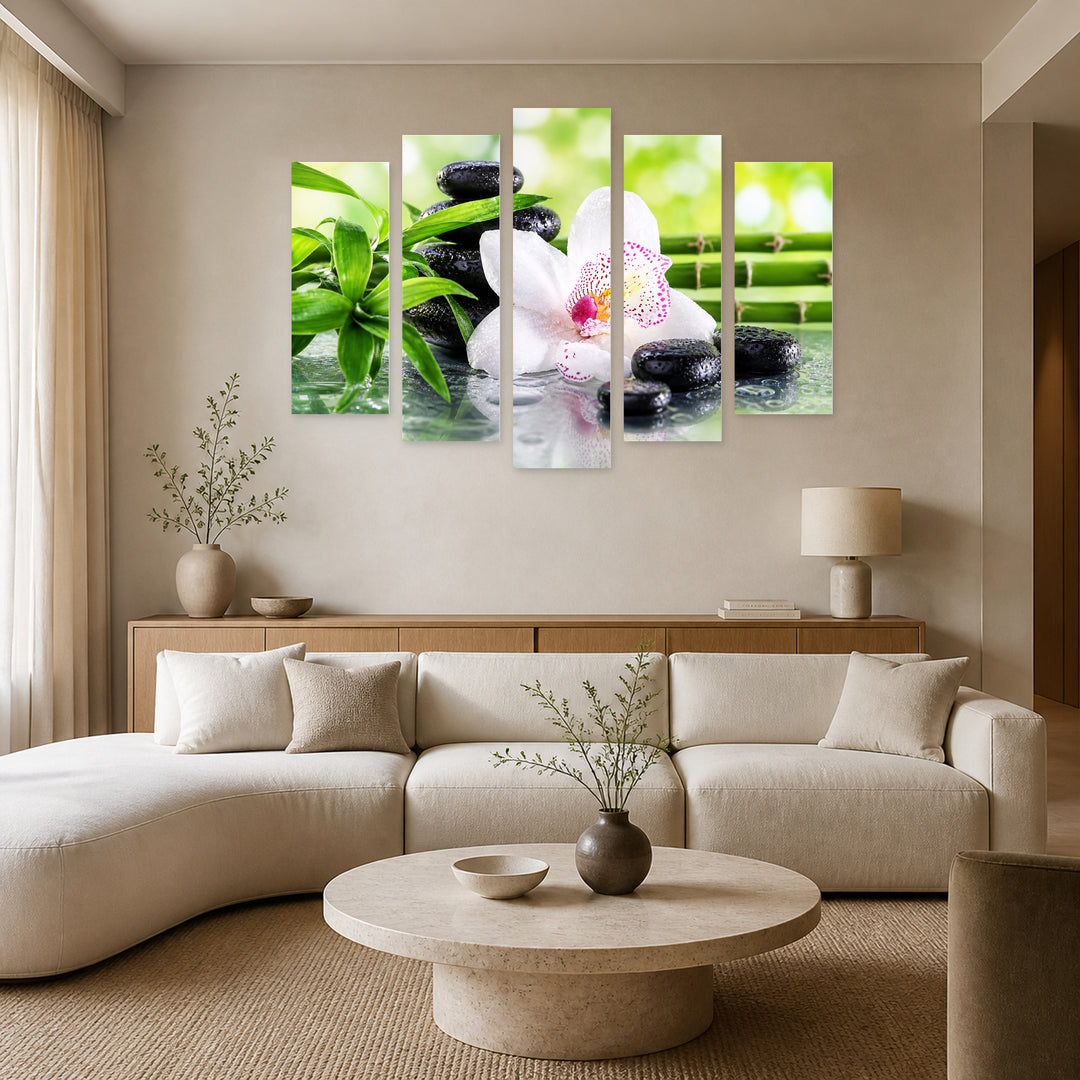 Orchid and Bamboo with Geometric Rhythm — five-panel wall art in alternate frontal interior | 5wallart 57098 M4
