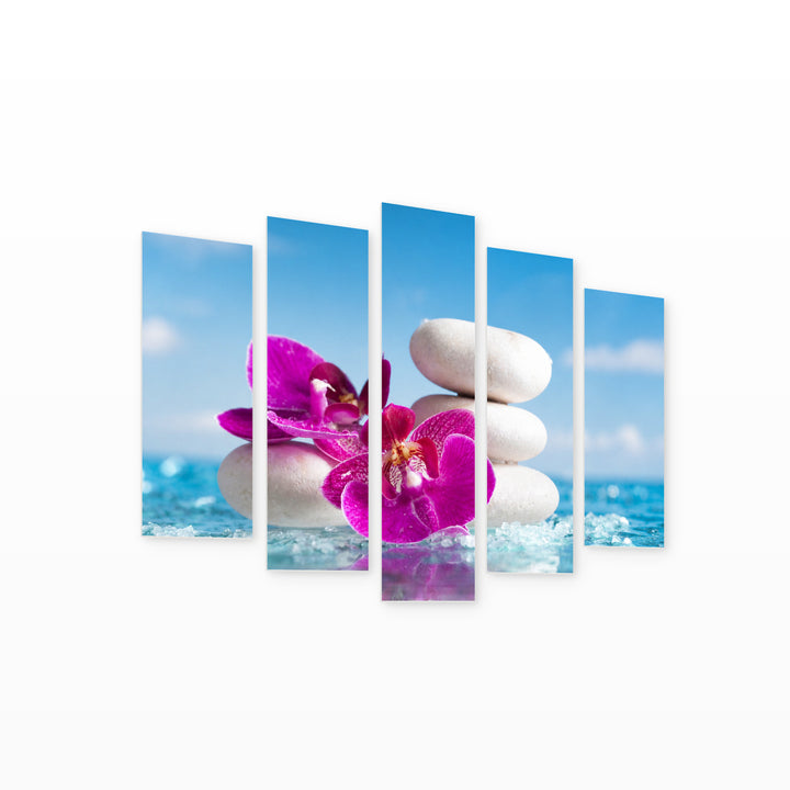Pink Orchid and White Stones in Serene Light — five-panel wall art on white background in perspective | 5wallart 57099 M1