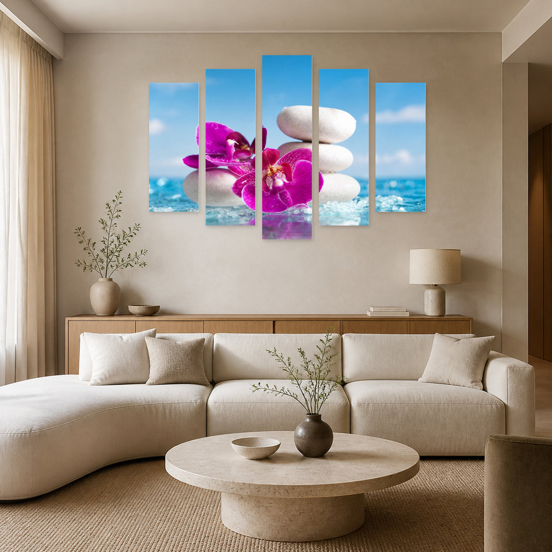 Pink Orchid and White Stones in Serene Light — five-panel wall art in frontal interior | 5wallart 57099 M3