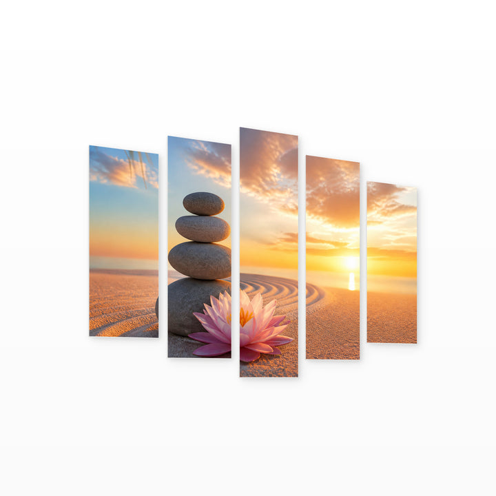 Lily and Beach Stones at Golden Sunset — five-panel wall art on white background in perspective | 5wallart 57102 M1