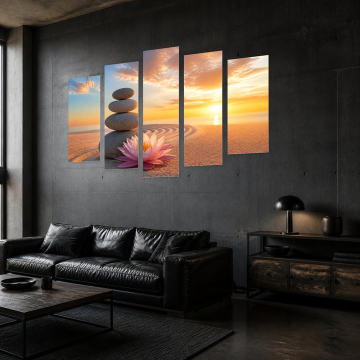 Lily and Beach Stones at Golden Sunset — five-panel wall art in perspective interior | 5wallart 57102 M2