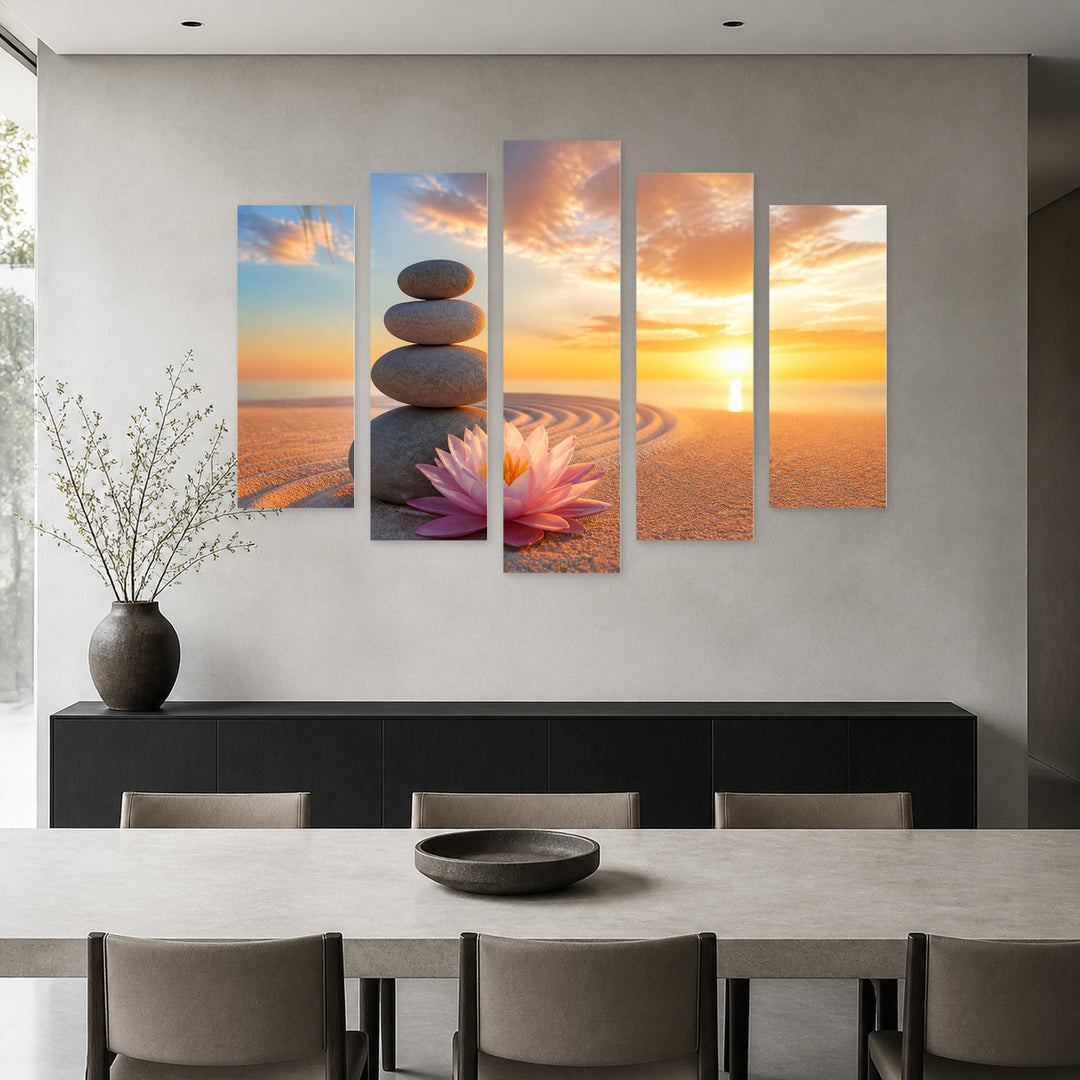 Lily and Beach Stones at Golden Sunset — five-panel wall art in frontal interior | 5wallart 57102 M3
