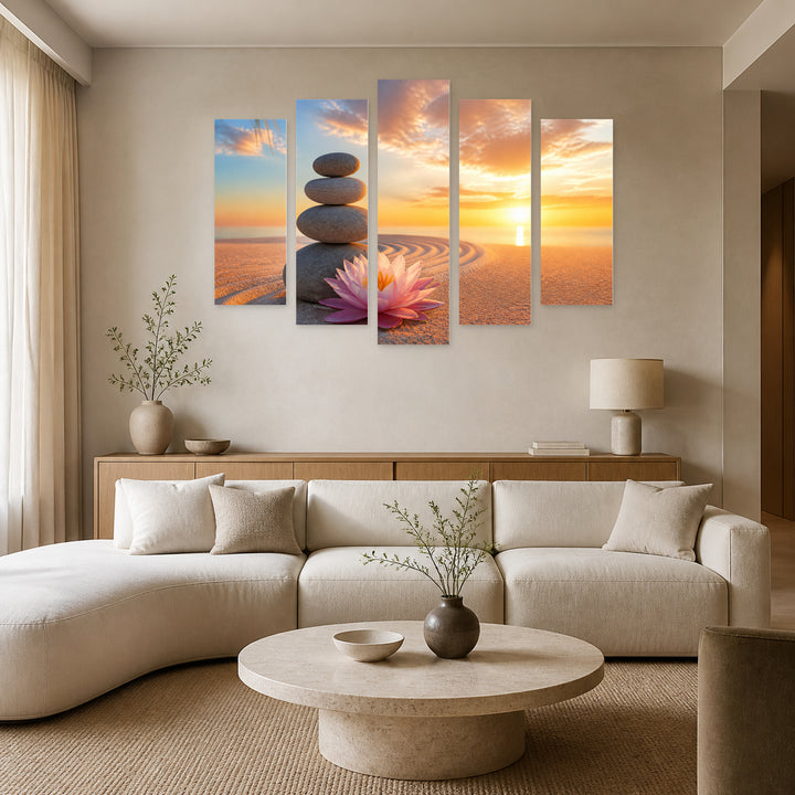 Lily and Beach Stones at Golden Sunset — five-panel wall art in alternate frontal interior | 5wallart 57102 M4