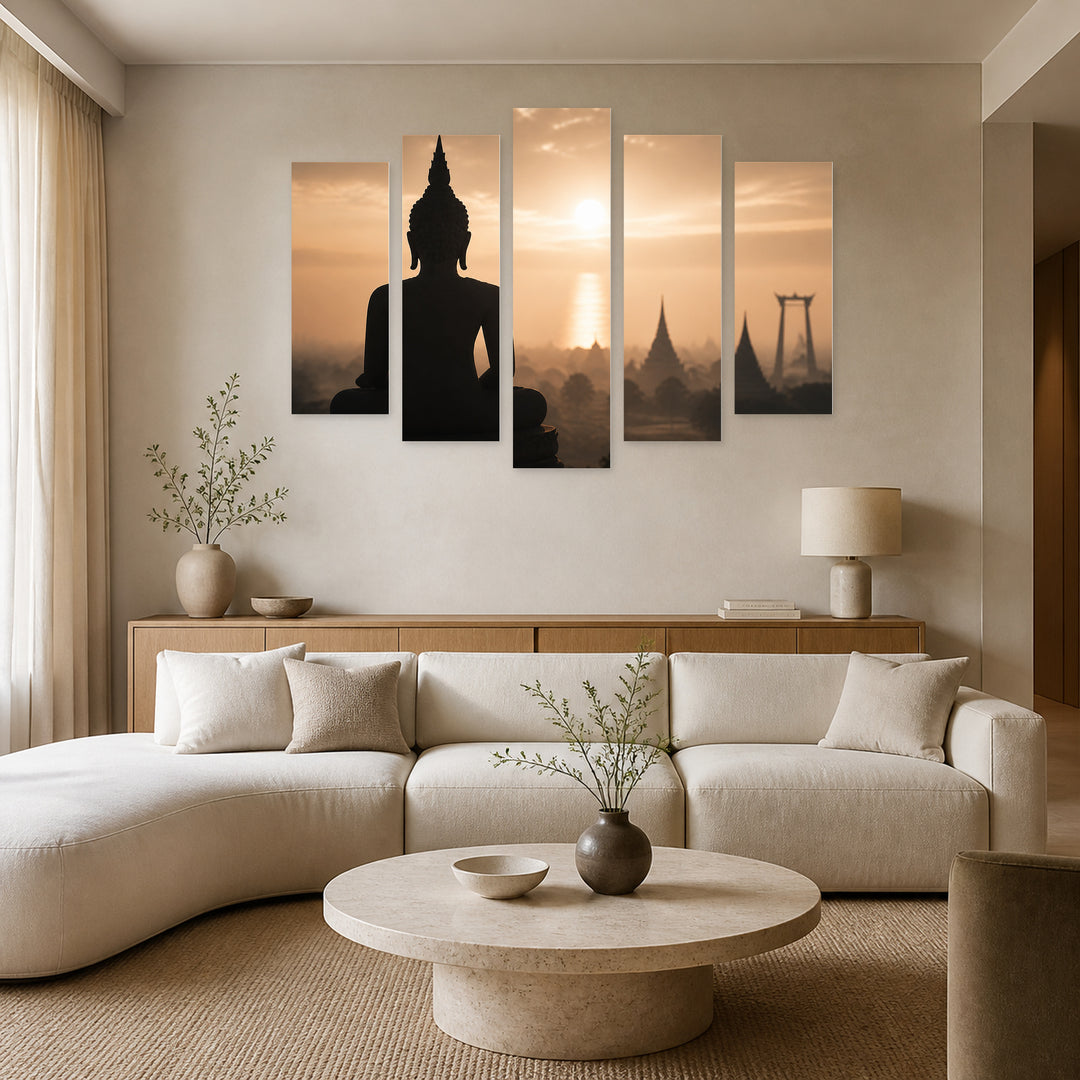 Buddha Perspective in Serene Light — five-panel wall art in frontal interior | 5wallart 57103 M3