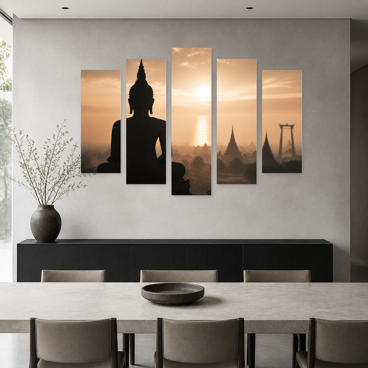Buddha Perspective in Serene Light — five-panel wall art in alternate frontal interior | 5wallart 57103 M4