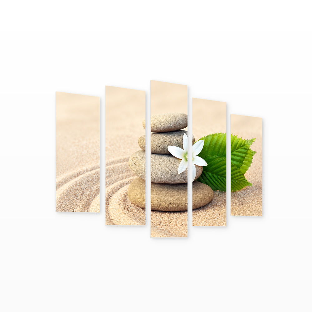 Pebbles and Flower on the Beach Botanical Study — five-panel wall art on white background in perspective | 5wallart 57105 M1