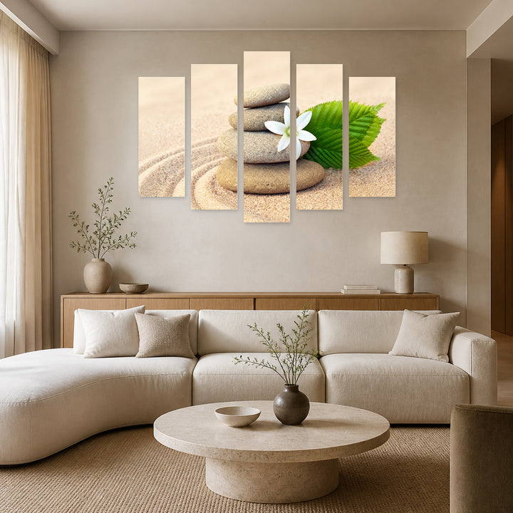 Pebbles and Flower on the Beach Botanical Study — five-panel wall art in frontal interior | 5wallart 57105 M3