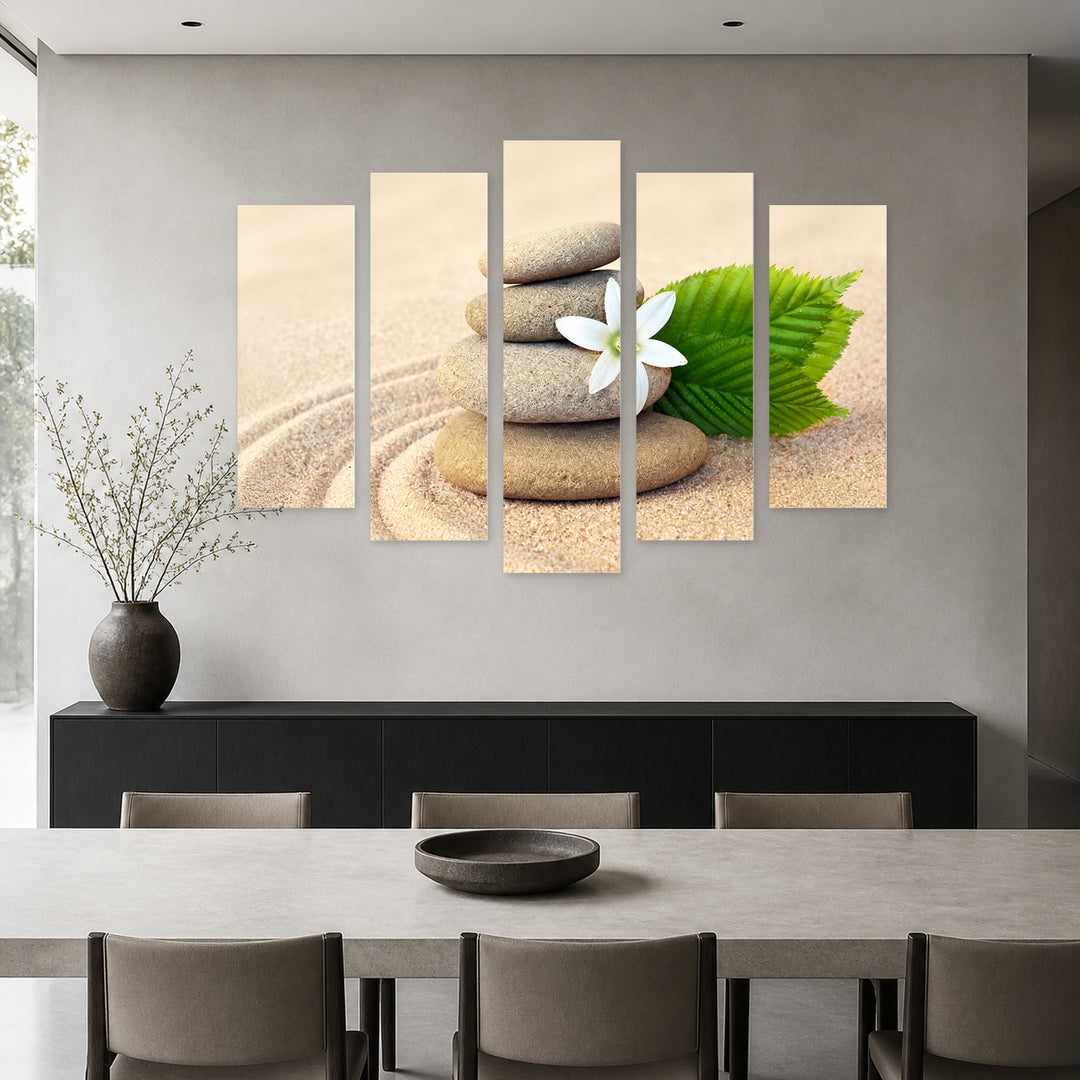 Pebbles and Flower on the Beach Botanical Study — five-panel wall art in alternate frontal interior | 5wallart 57105 M4