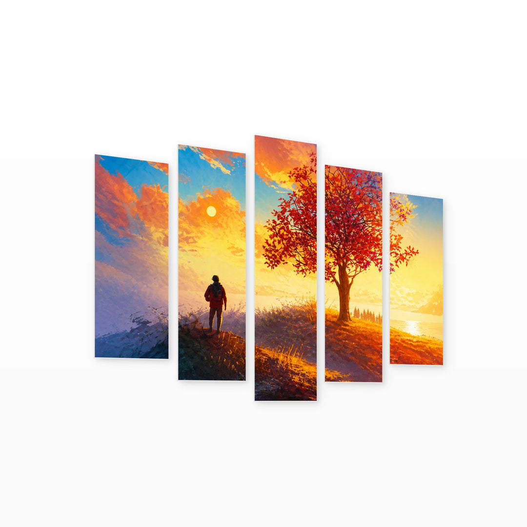 Autumn View with Geometric Rhythm — five-panel wall art on white background in perspective | 5wallart 57107 M1