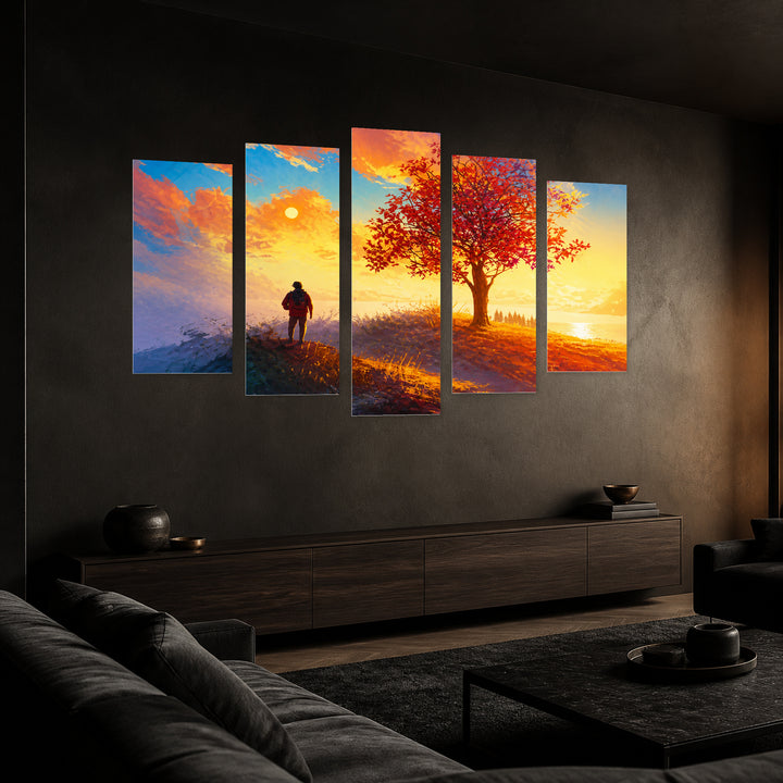 Autumn View with Geometric Rhythm — five-panel wall art in perspective interior | 5wallart 57107 M2