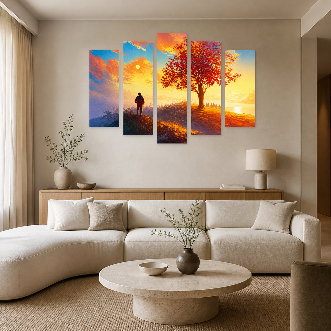 Autumn View with Geometric Rhythm — five-panel wall art in frontal interior | 5wallart 57107 M3