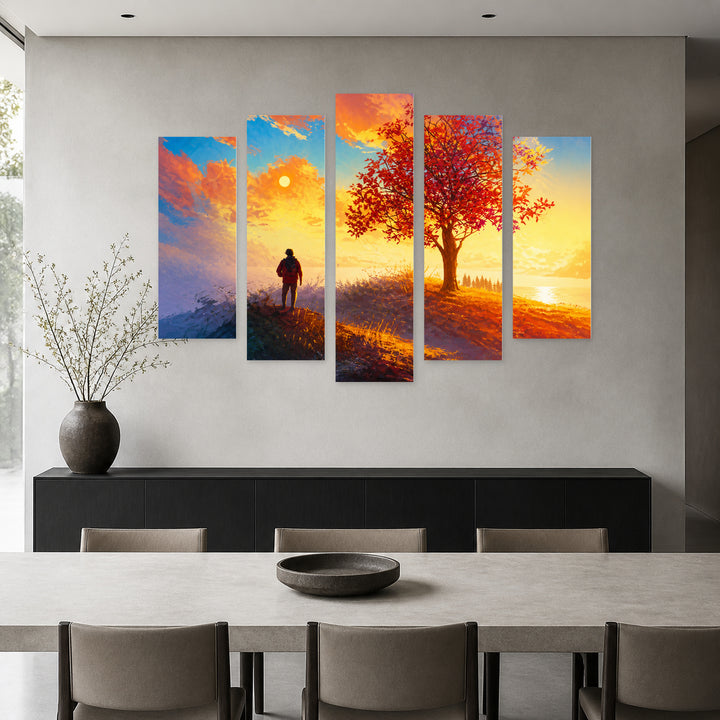 Autumn View with Geometric Rhythm — five-panel wall art in alternate frontal interior | 5wallart 57107 M4