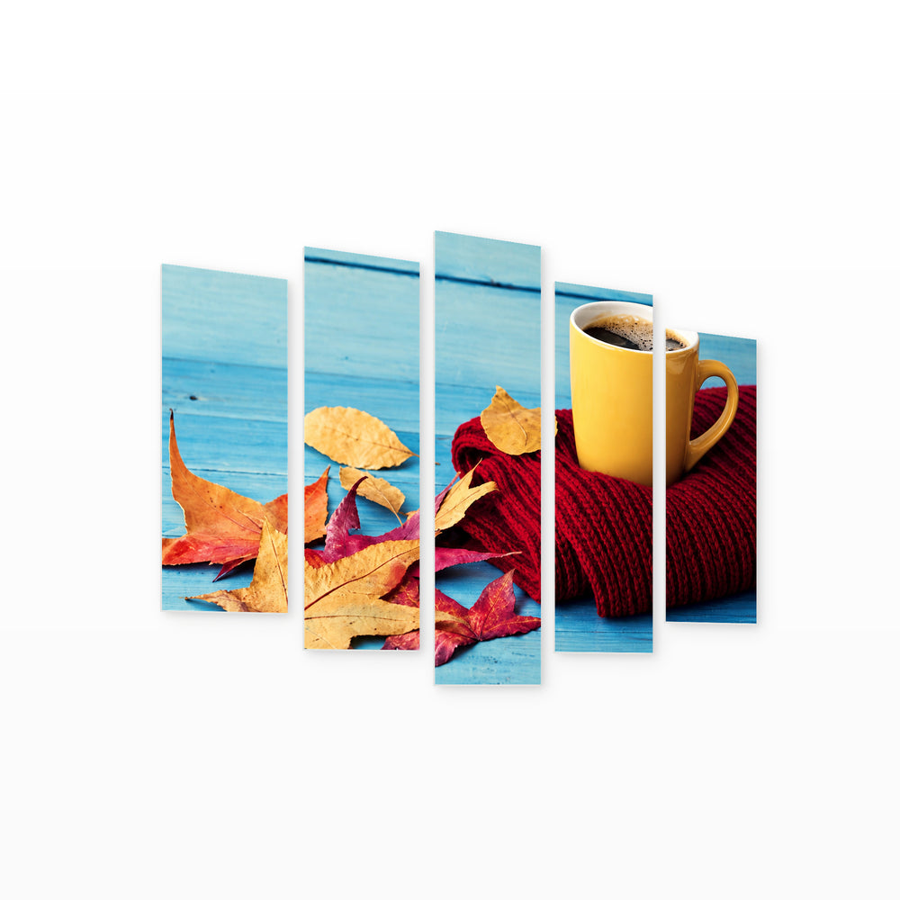 Cup of Coffee on Blue Background Still Life — five-panel wall art on white background in perspective | 5wallart 57108 M1