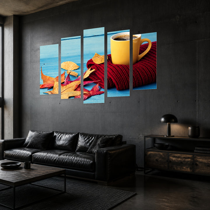 Cup of Coffee on Blue Background Still Life — five-panel wall art in perspective interior | 5wallart 57108 M2