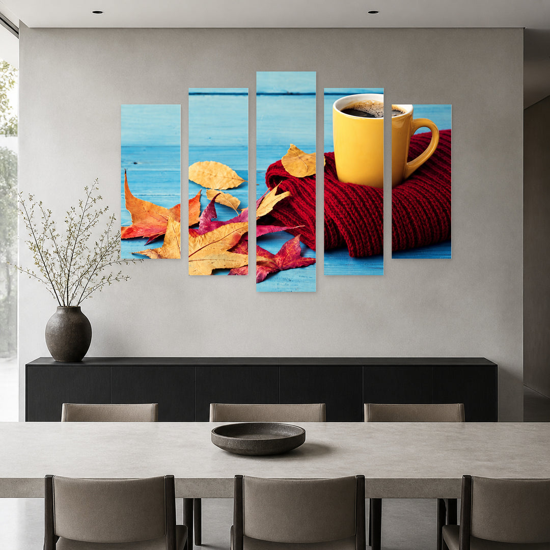Cup of Coffee on Blue Background Still Life — five-panel wall art in frontal interior | 5wallart 57108 M3
