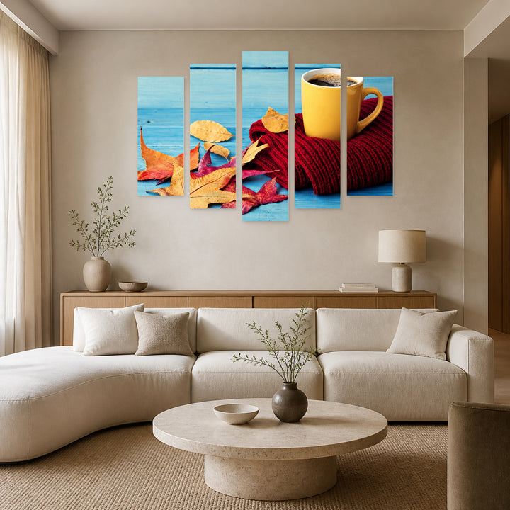 Cup of Coffee on Blue Background Still Life — five-panel wall art in alternate frontal interior | 5wallart 57108 M4
