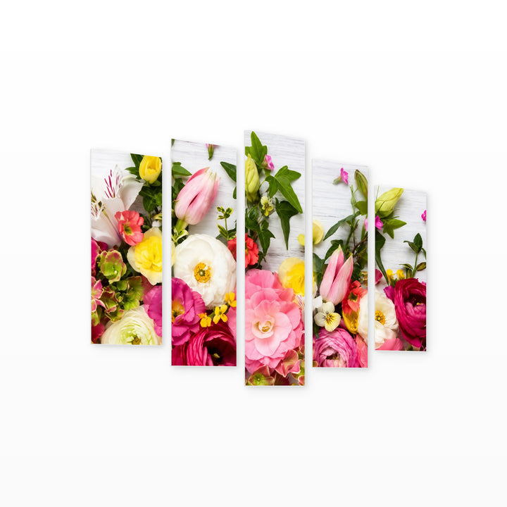 Colorful Flowers on White Boards with Geometric Rhythm — five-panel wall art on white background in perspective | 5wallart 57109 M1