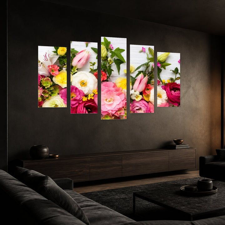 Colorful Flowers on White Boards with Geometric Rhythm — five-panel wall art in perspective interior | 5wallart 57109 M2