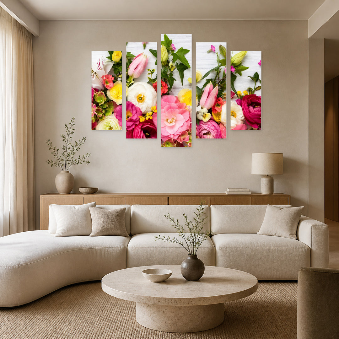 Colorful Flowers on White Boards with Geometric Rhythm — five-panel wall art in frontal interior | 5wallart 57109 M3