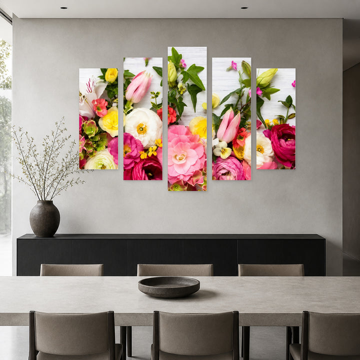 Colorful Flowers on White Boards with Geometric Rhythm — five-panel wall art in alternate frontal interior | 5wallart 57109 M4