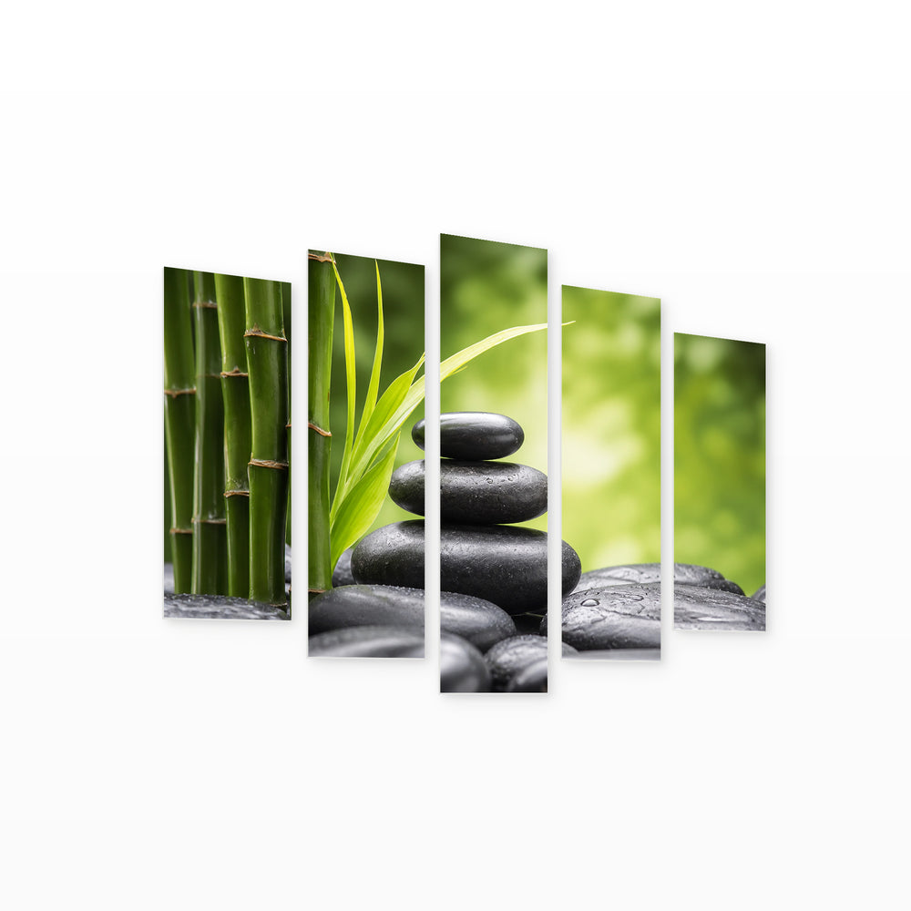 Zen Bamboo in Serene Light — five-panel wall art on white background in perspective | 5wallart 57110 M1