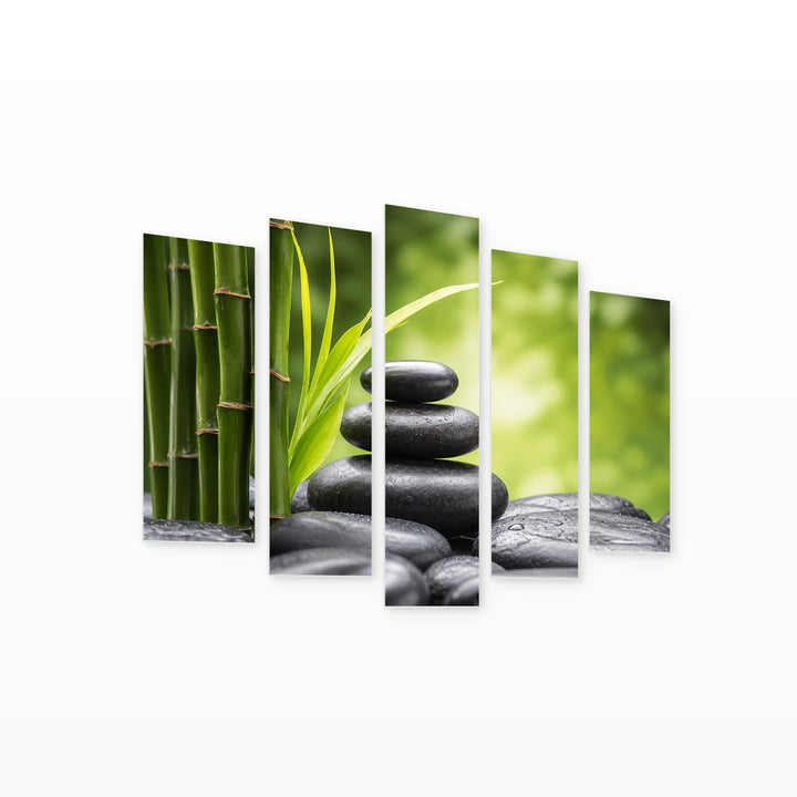 Zen Bamboo in Serene Light — five-panel wall art on white background in perspective | 5wallart 57110 M1