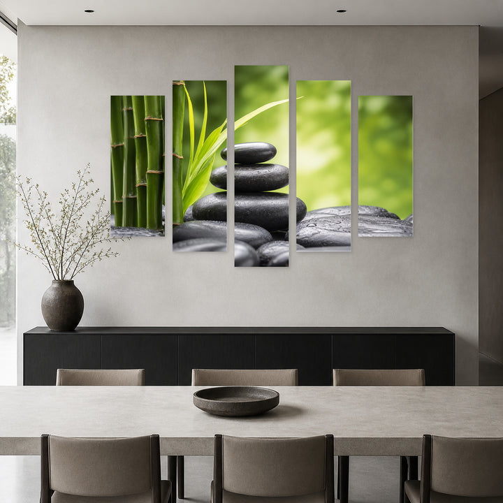 Zen Bamboo in Serene Light — five-panel wall art in frontal interior | 5wallart 57110 M3