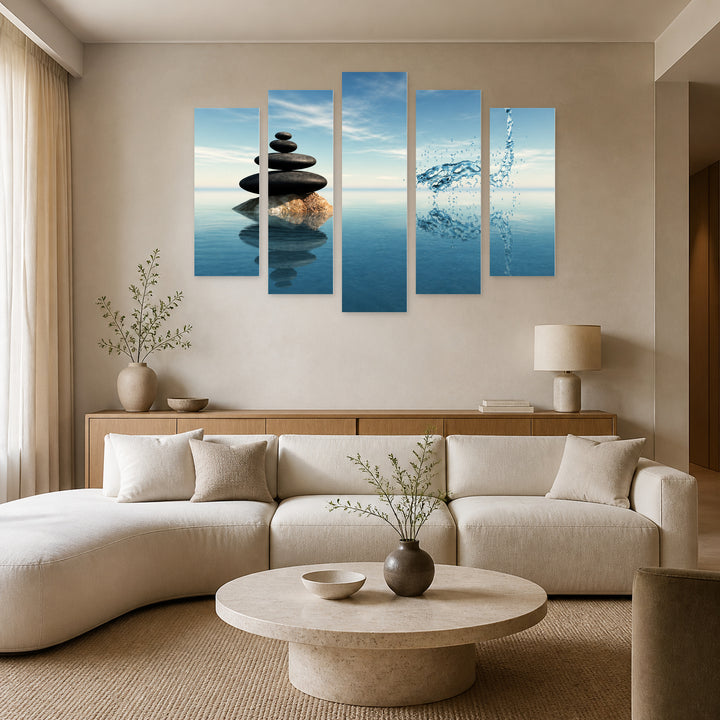 Zen Lake in Serene Light — five-panel wall art in frontal interior | 5wallart 57111 M3