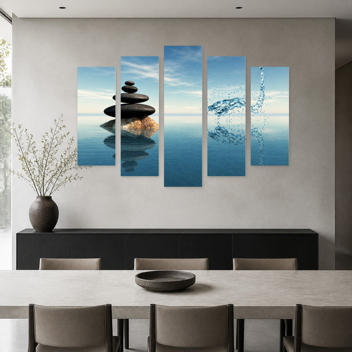 Zen Lake in Serene Light — five-panel wall art in alternate frontal interior | 5wallart 57111 M4