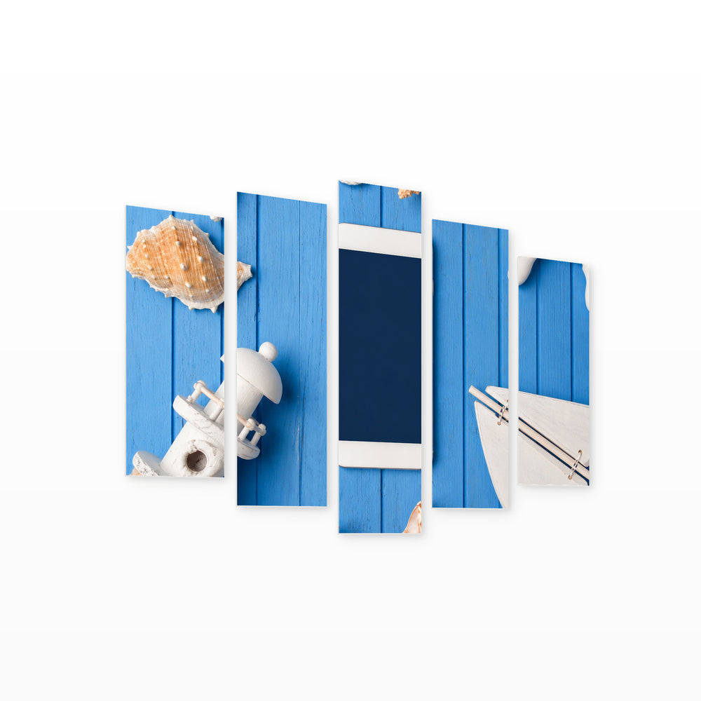 Phone and Sea Elements with Geometric Rhythm — five-panel wall art on white background in perspective | 5wallart 57113 M1