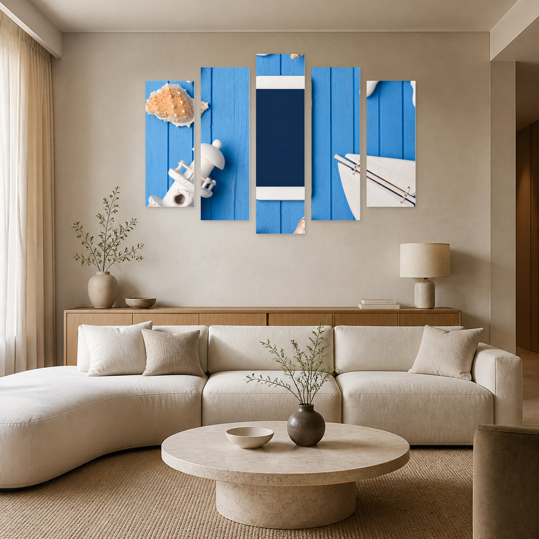 Phone and Sea Elements with Geometric Rhythm — five-panel wall art in frontal interior | 5wallart 57113 M3
