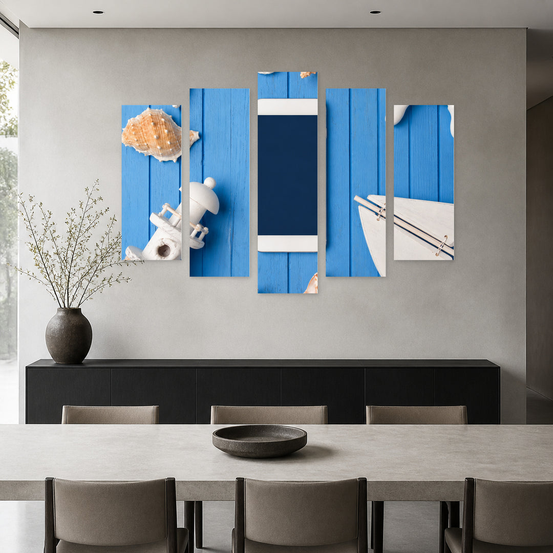 Phone and Sea Elements with Geometric Rhythm — five-panel wall art in alternate frontal interior | 5wallart 57113 M4