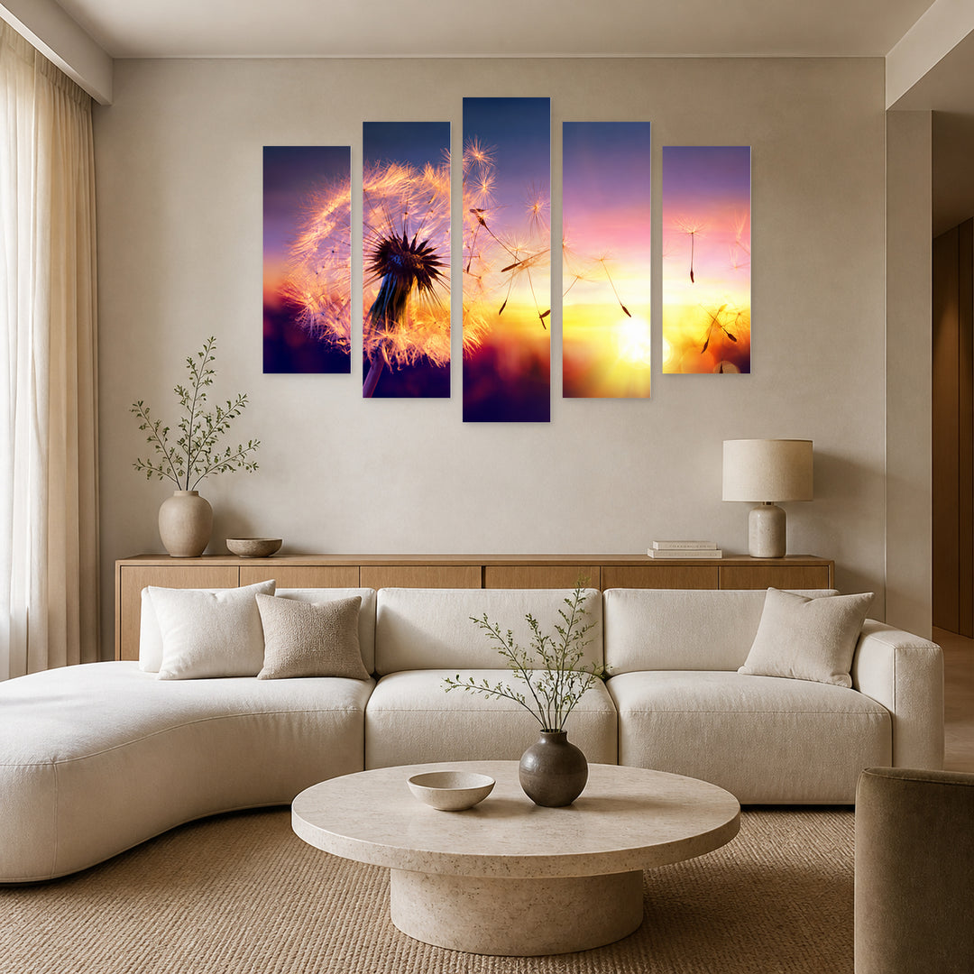Dandelion with Dreamlike Atmosphere — five-panel wall art in frontal interior | 5wallart 57117 M3