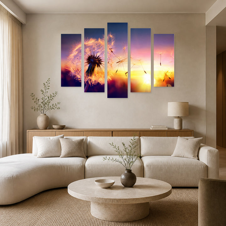 Dandelion with Dreamlike Atmosphere — five-panel wall art in frontal interior | 5wallart 57117 M3