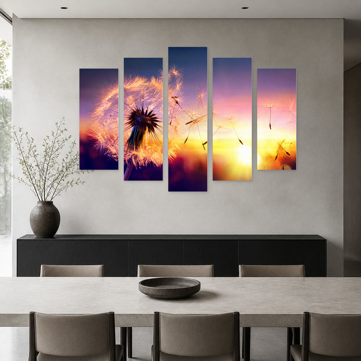 Dandelion with Dreamlike Atmosphere — five-panel wall art in alternate frontal interior | 5wallart 57117 M4