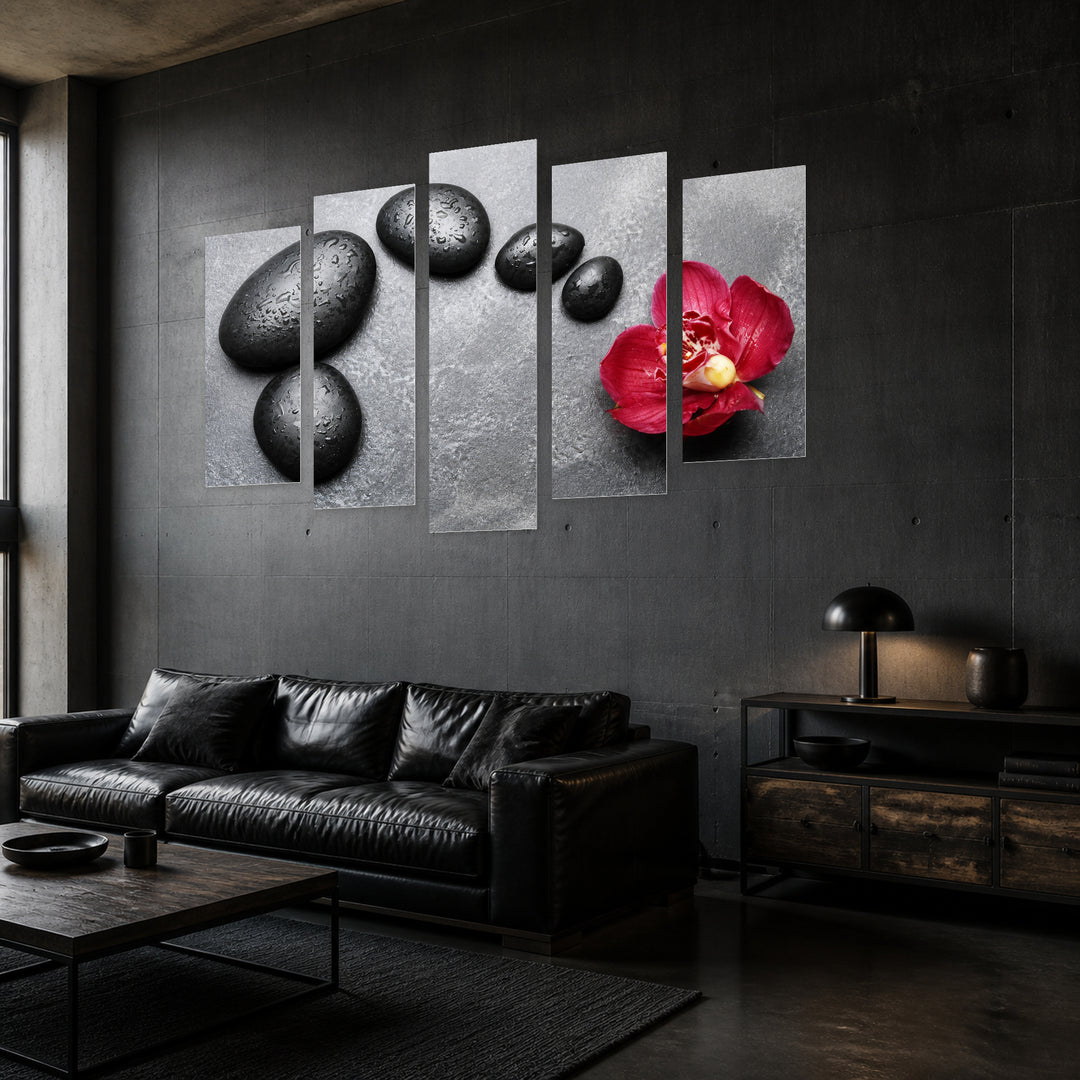Red Orchid, Zen Stones, and Raindrops Botanical Study — five-panel wall art in perspective interior | 5wallart 57118 M2