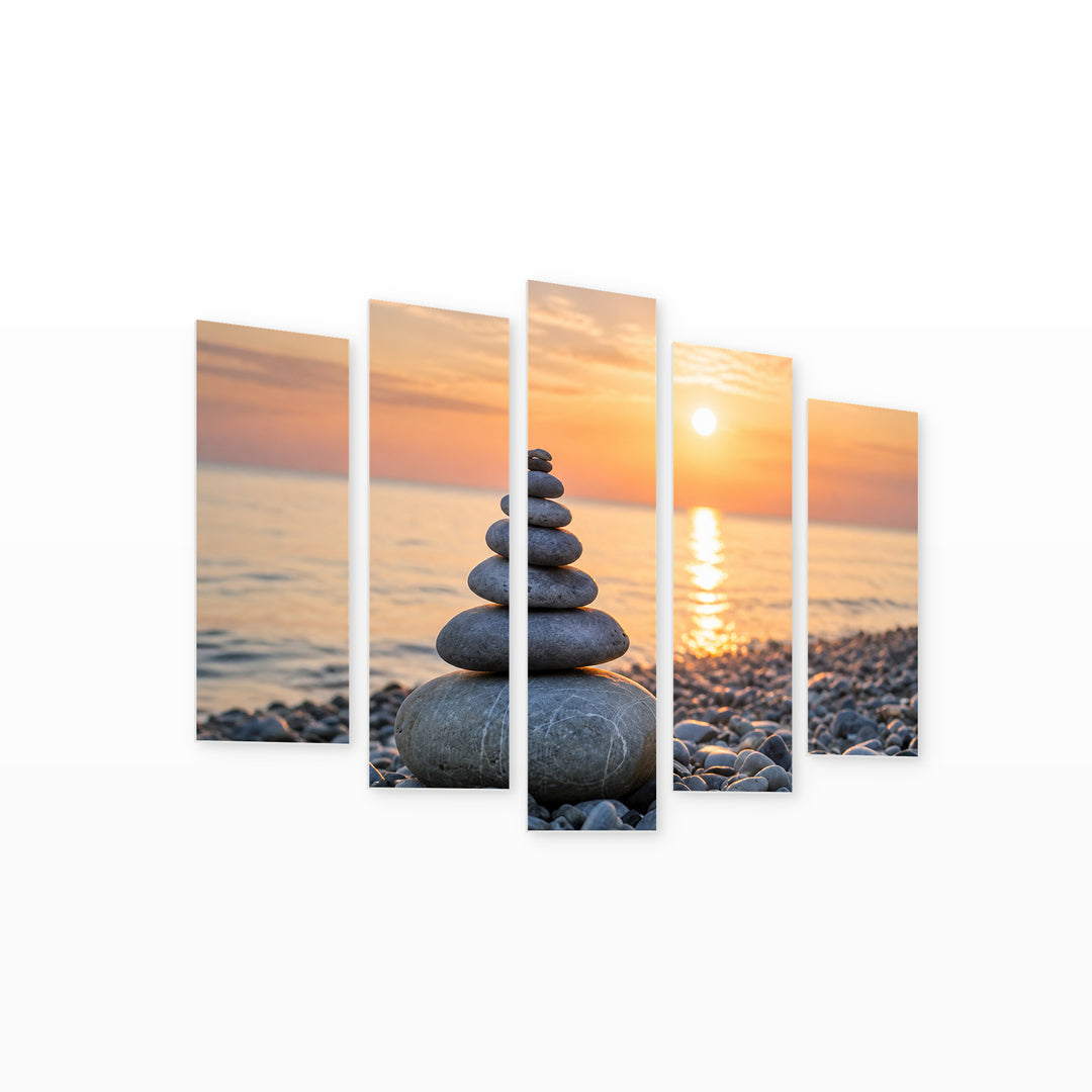 Stone Tower at Sunrise in Blue and Gold — five-panel wall art on white background in perspective | 5wallart 57119 M1