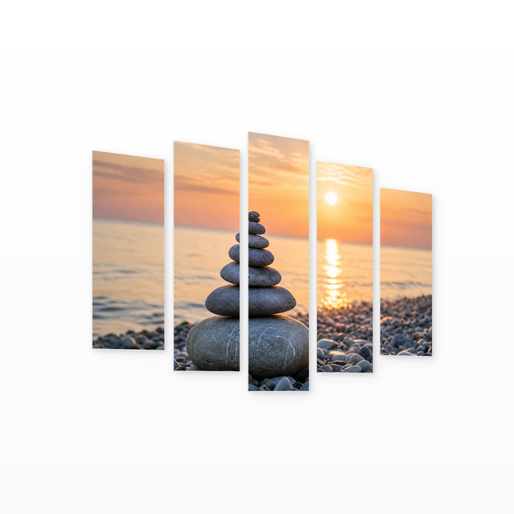 Stone Tower at Sunrise in Blue and Gold — five-panel wall art on white background in perspective | 5wallart 57119 M1
