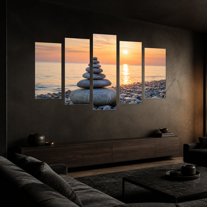 Stone Tower at Sunrise in Blue and Gold — five-panel wall art in perspective interior | 5wallart 57119 M2