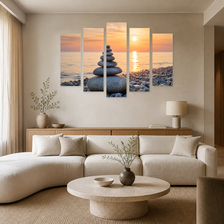 Stone Tower at Sunrise in Blue and Gold — five-panel wall art in frontal interior | 5wallart 57119 M3