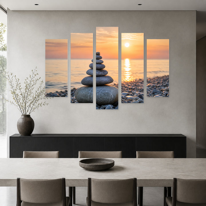 Stone Tower at Sunrise in Blue and Gold — five-panel wall art in alternate frontal interior | 5wallart 57119 M4