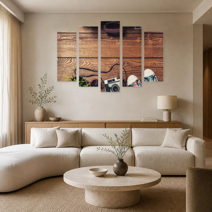 Vintage Fashion with Geometric Rhythm — five-panel wall art in alternate frontal interior | 5wallart 57120 M4