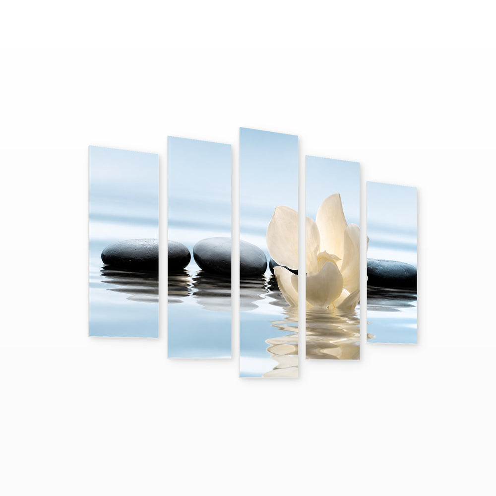 Flower in Lake and Zen Stones Botanical Study — five-panel wall art on white background in perspective | 5wallart 57121 M1