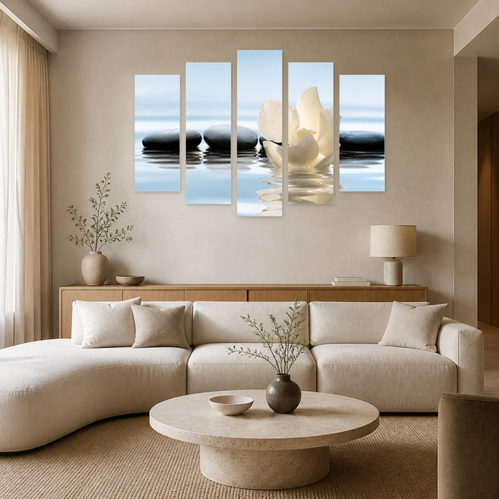 Flower in Lake and Zen Stones Botanical Study — five-panel wall art in frontal interior | 5wallart 57121 M3