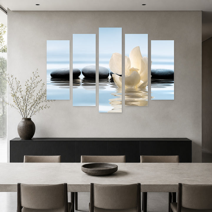 Flower in Lake and Zen Stones Botanical Study — five-panel wall art in alternate frontal interior | 5wallart 57121 M4