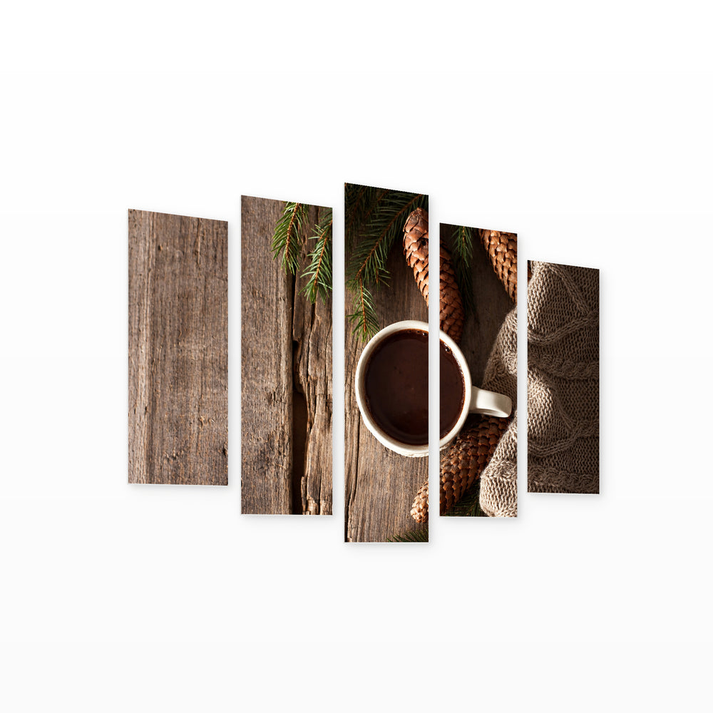 Coffee and Pinecones Still Life — five-panel wall art on white background in perspective | 5wallart 57123 M1