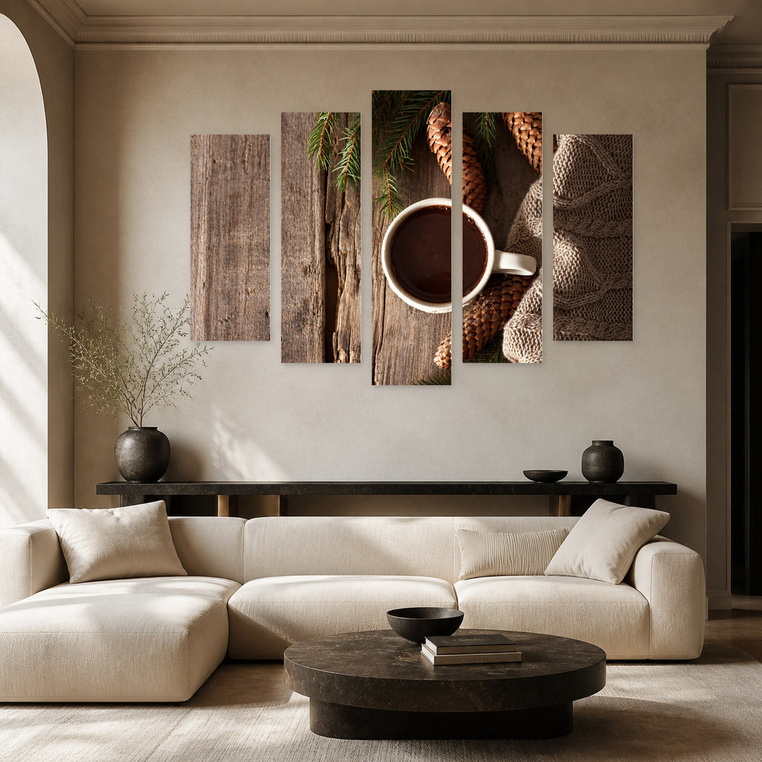 Coffee and Pinecones Still Life — five-panel wall art in frontal interior | 5wallart 57123 M3