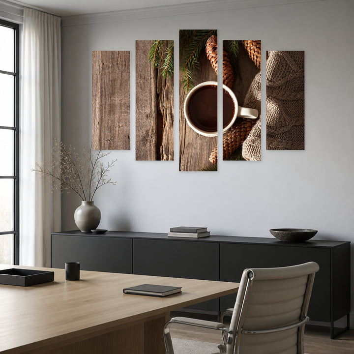 Coffee and Pinecones Still Life — five-panel wall art in alternate frontal interior | 5wallart 57123 M4