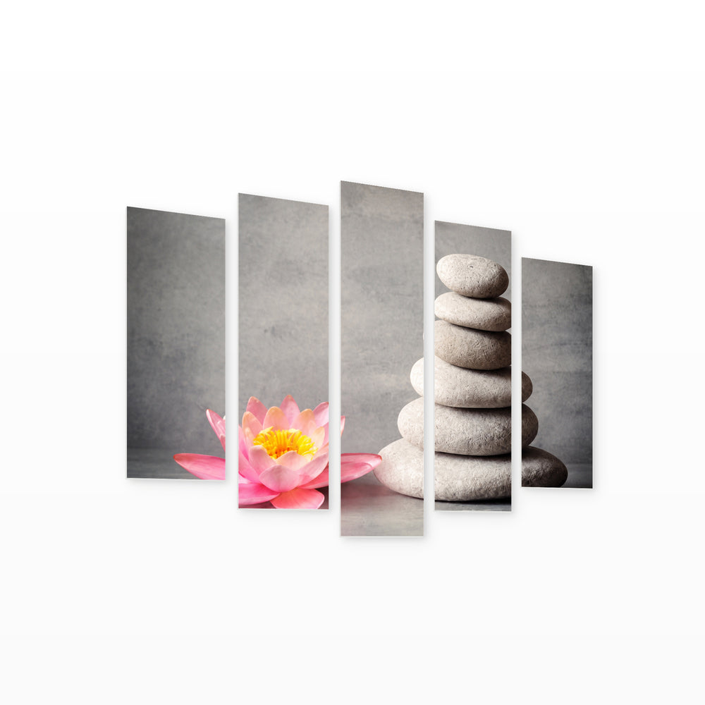 Stone Tower and Pink Lily in Serene Light — five-panel wall art on white background in perspective | 5wallart 57124 M1